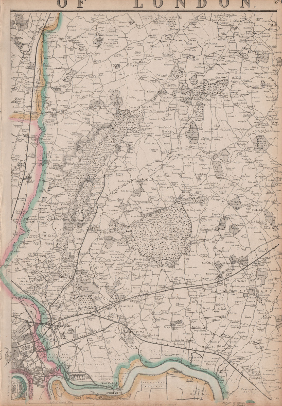 NE LONDON/ESSEX Stratford Barking Romford Epping Waltham Abbey. WELLER 1862 map